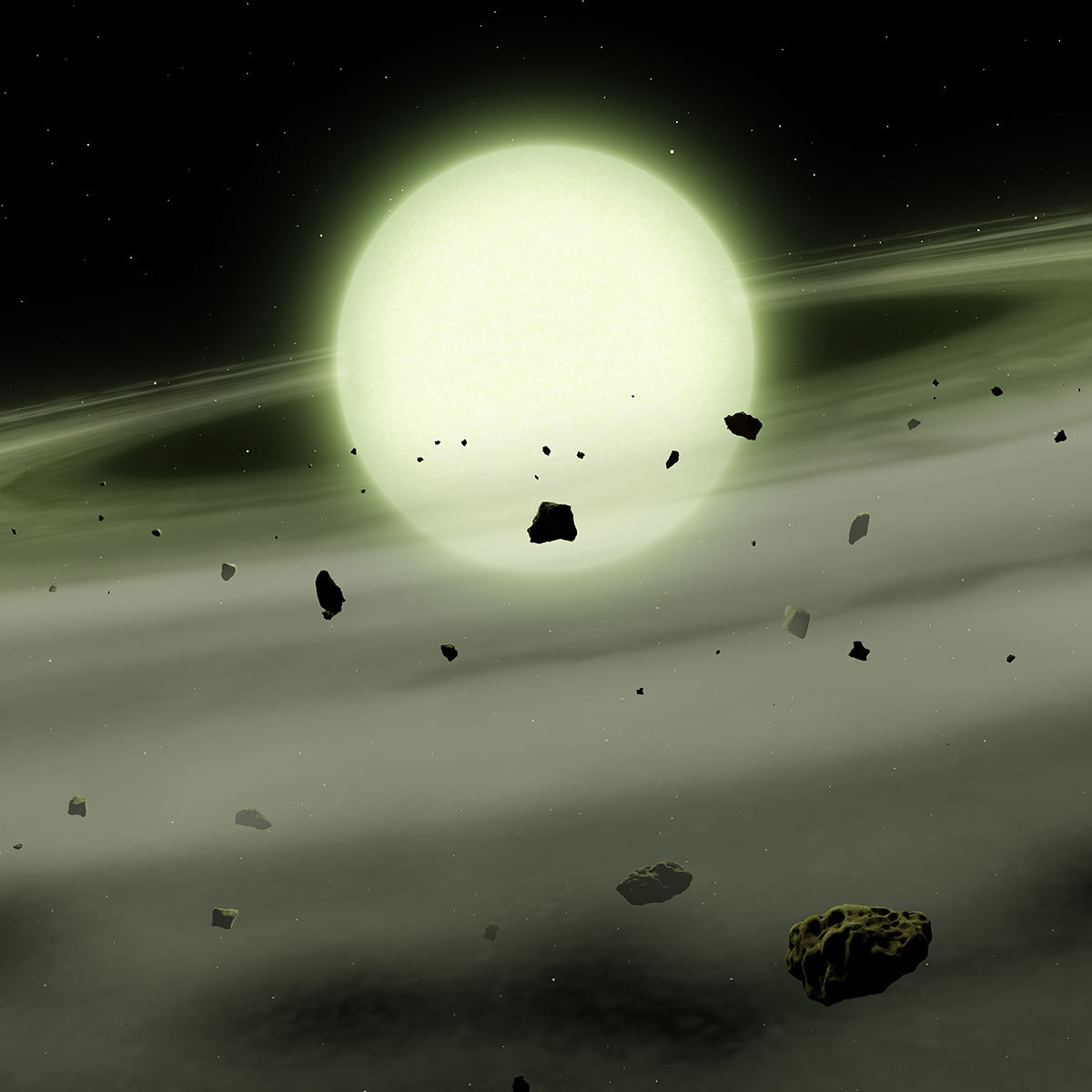 Artist's impression of cool white dwarf WDJ1330+6435, which has accreted sodium-rich rocky material from its planetary system into its atmosphere. Its atmospheric density causes it to glow green. Cred