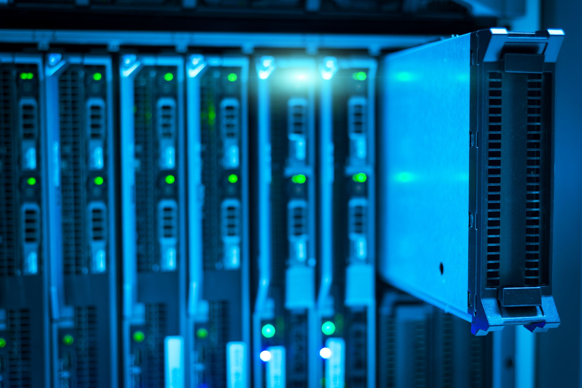 Detailed view of a server rack with a focus on technology and