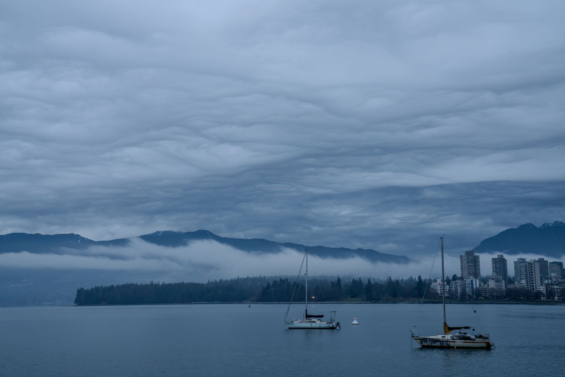Sailboats on moody waterfront in Vancouver, Canada with misty mountains and skyline.