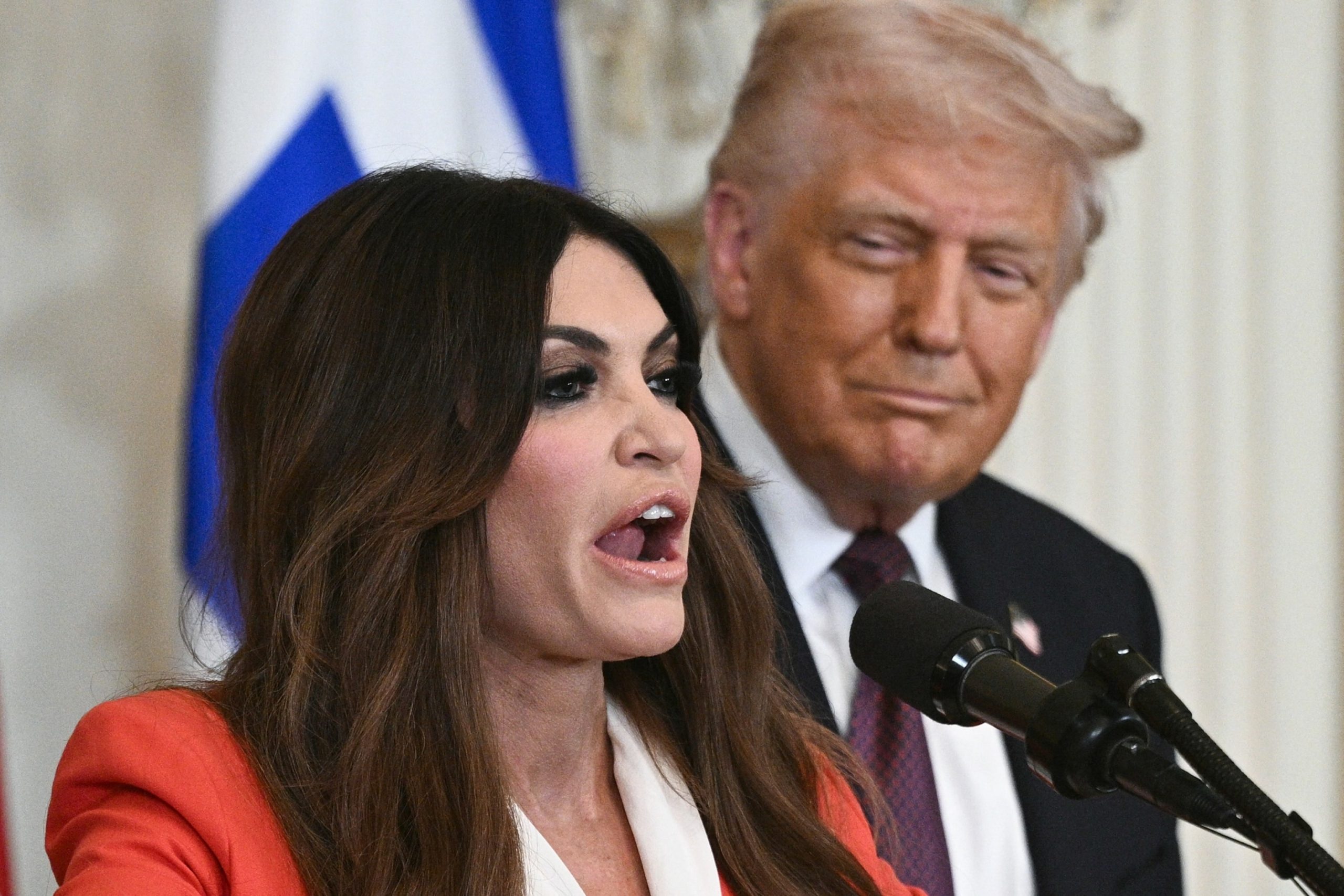 Kimberly Guilfoyle, President Trump's nominee to be the US ambassador to Greece, speaks alongside President Donald Trump, during a Greek Independence Day celebration in the East Room of the White Hous