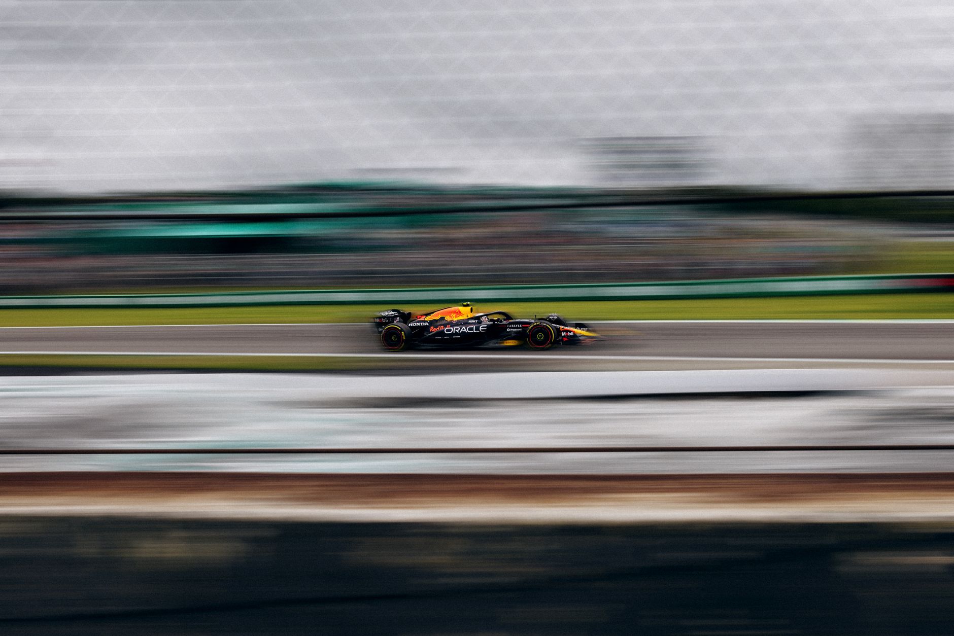 Blurred shot of a Formula 1 car speeding at the Interlagos Circuit