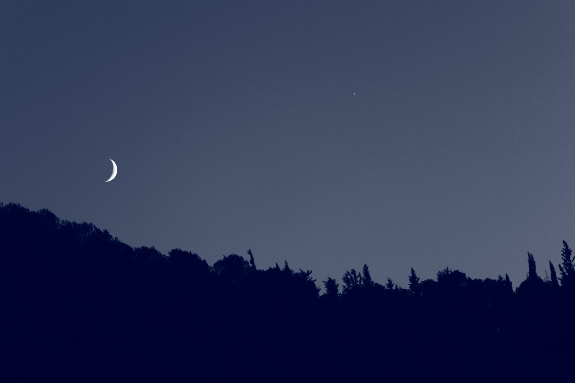 A serene twilight scene with a crescent moon over a silhouetted forest