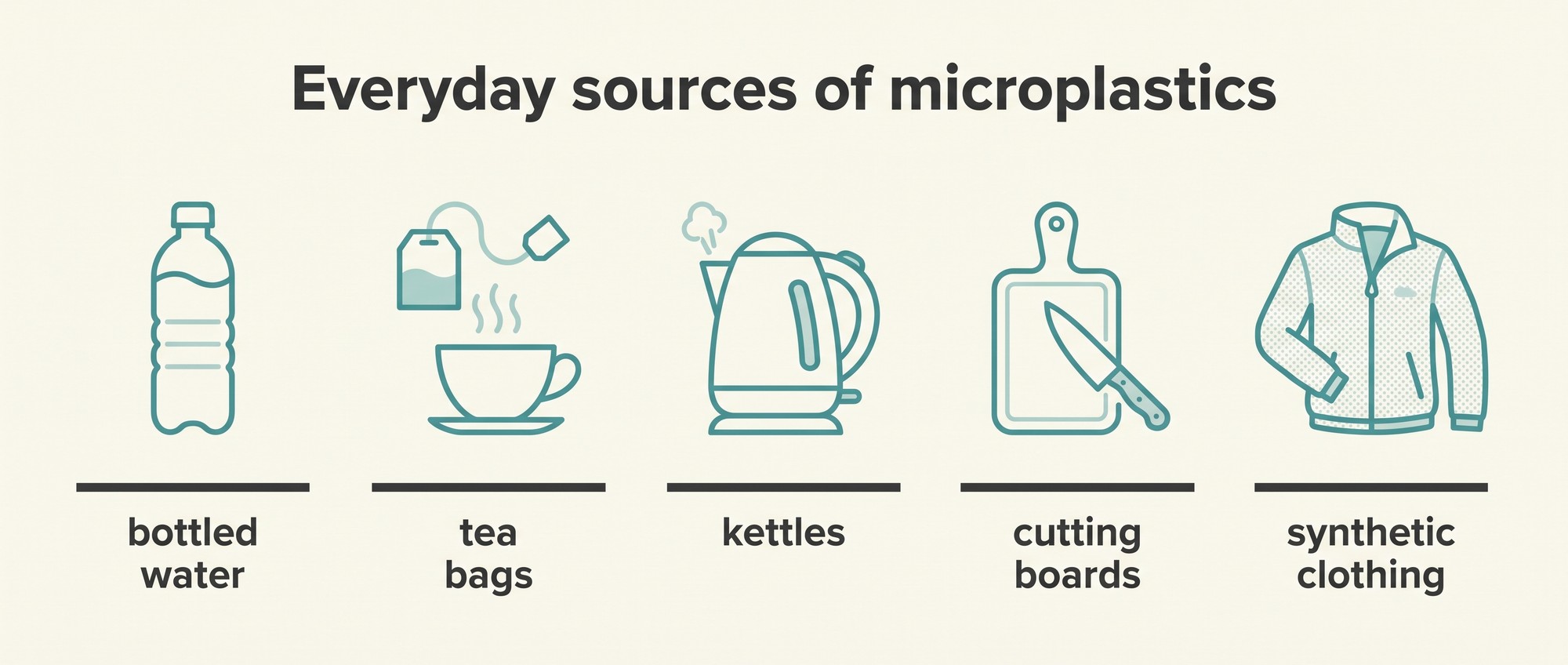 Infographic of five everyday microplastic sources: bottled water, tea bags, kettles, cutting