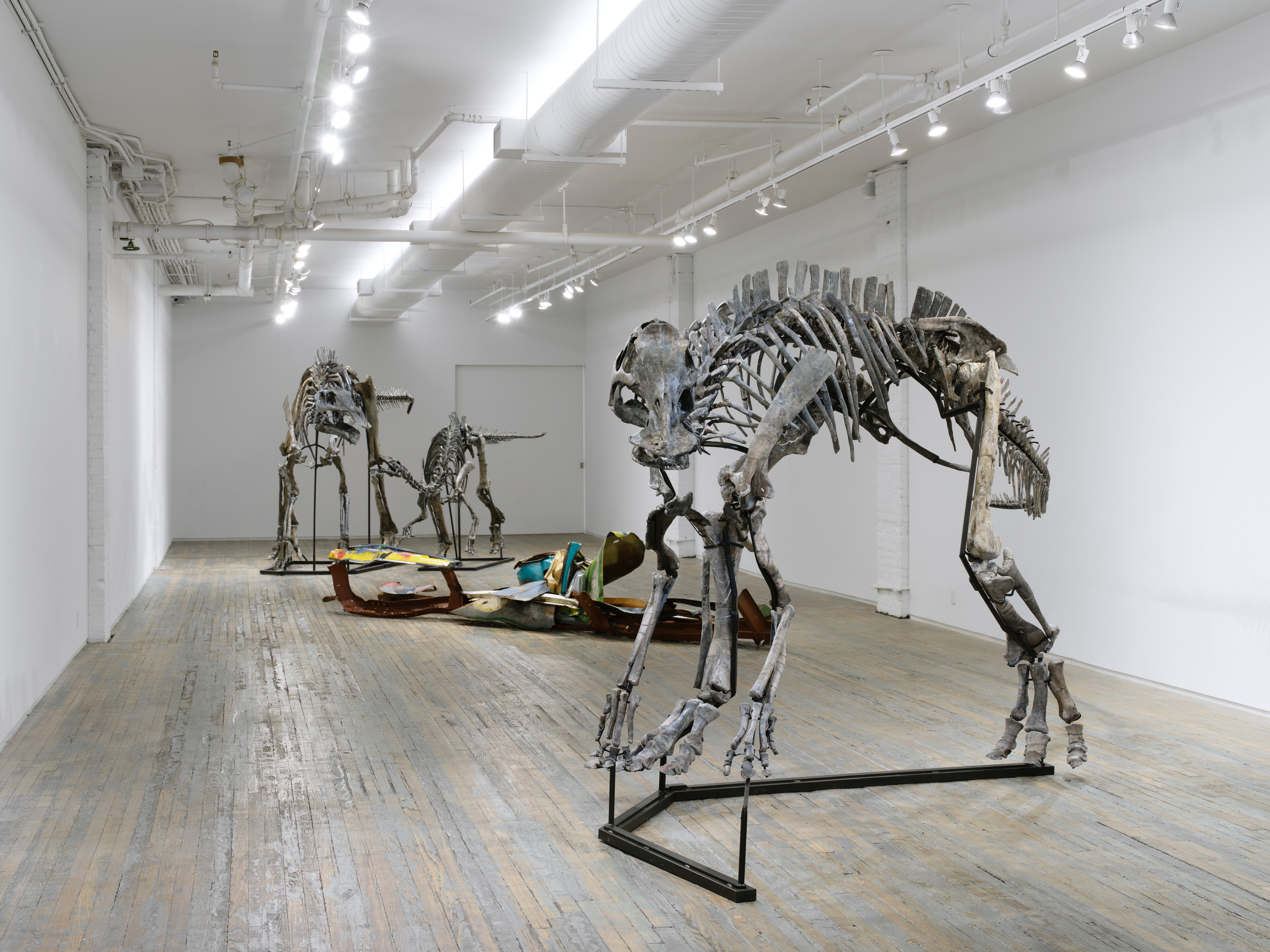 A contemporary art gallery installation featuring three mounted dinosaur skeletons of different