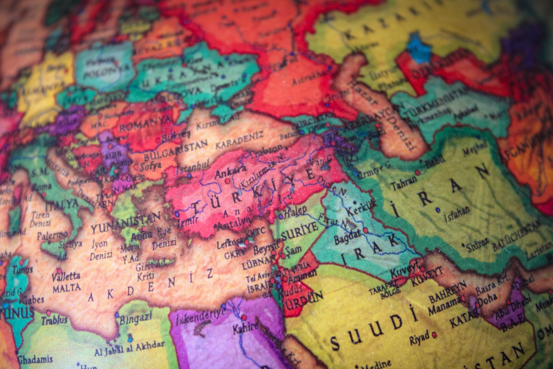 Vibrant map featuring countries in the Middle East and Europe with detailed
