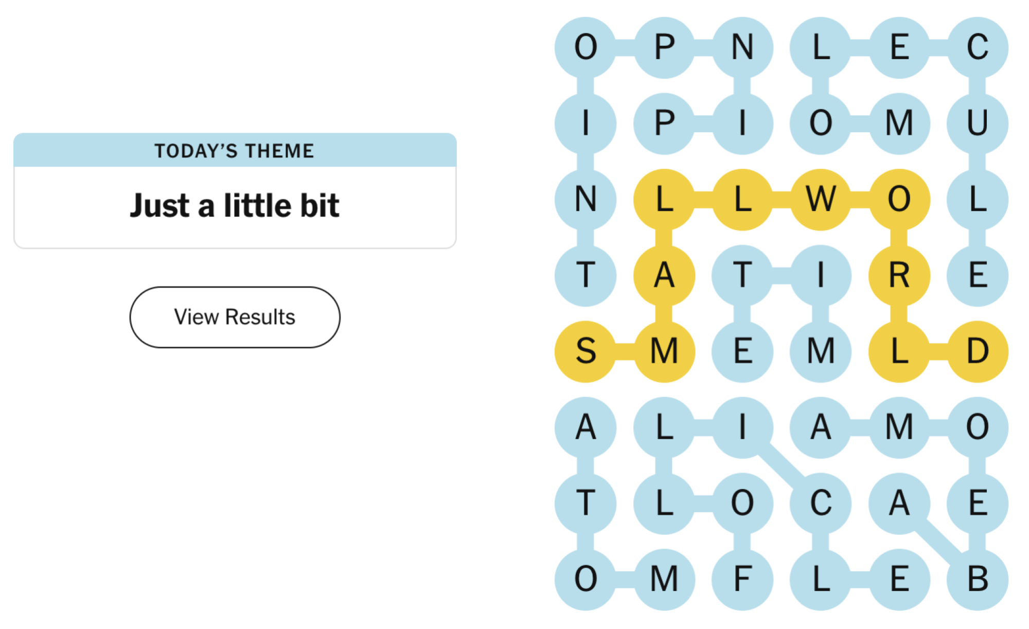 Completed NYT Strands board for October 16, 2026: Just a little bit.