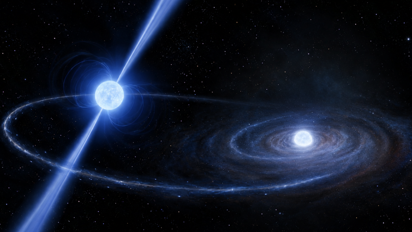 Illustration of the NGC 362D binary system a neutron star emits beams