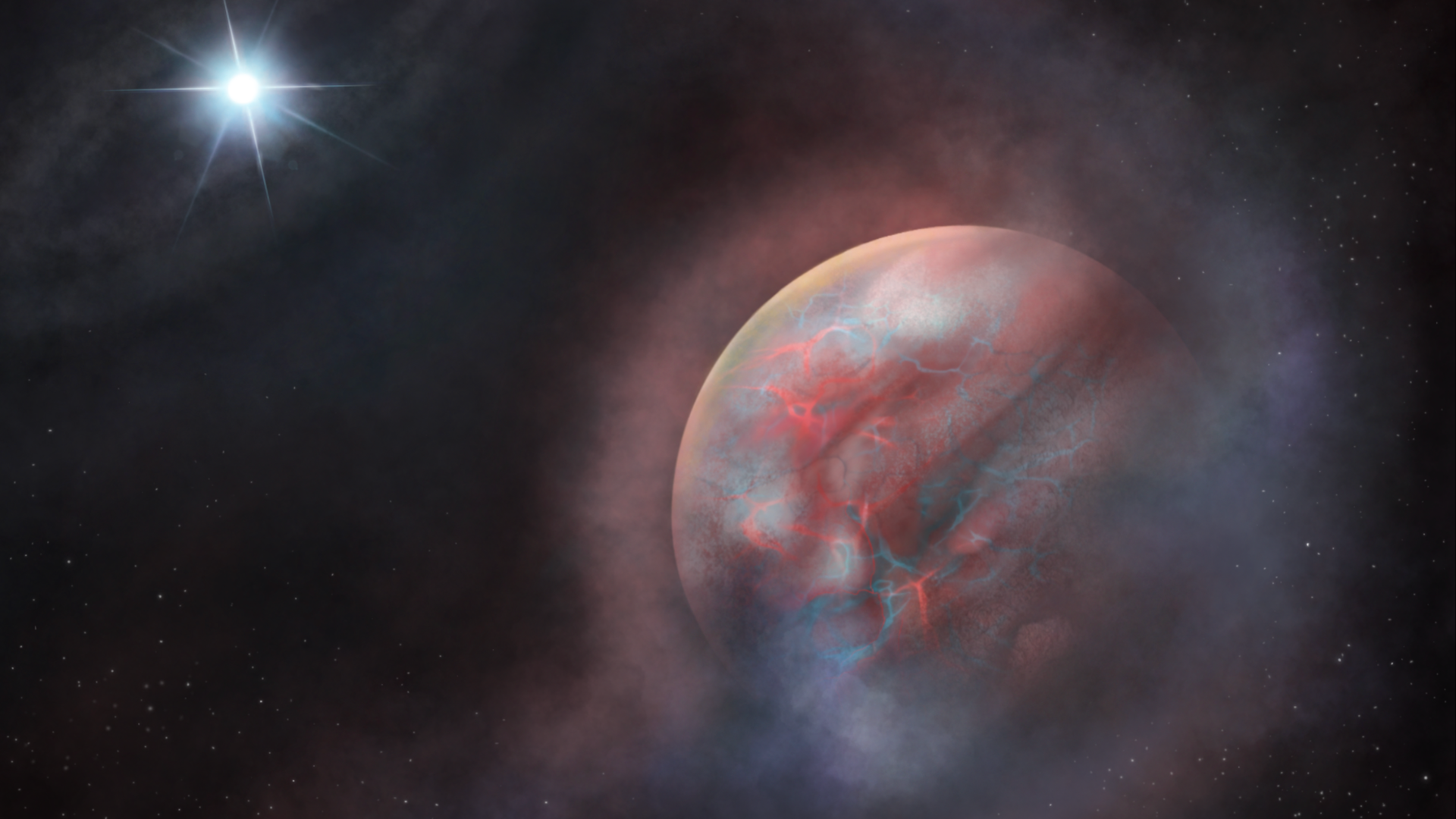 A cracked grey and red sphere surrounded by grey smoke against a black black ground