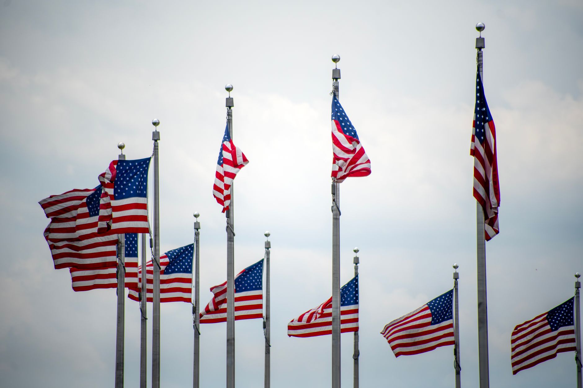 A row of American flags waving proudly at the base of the