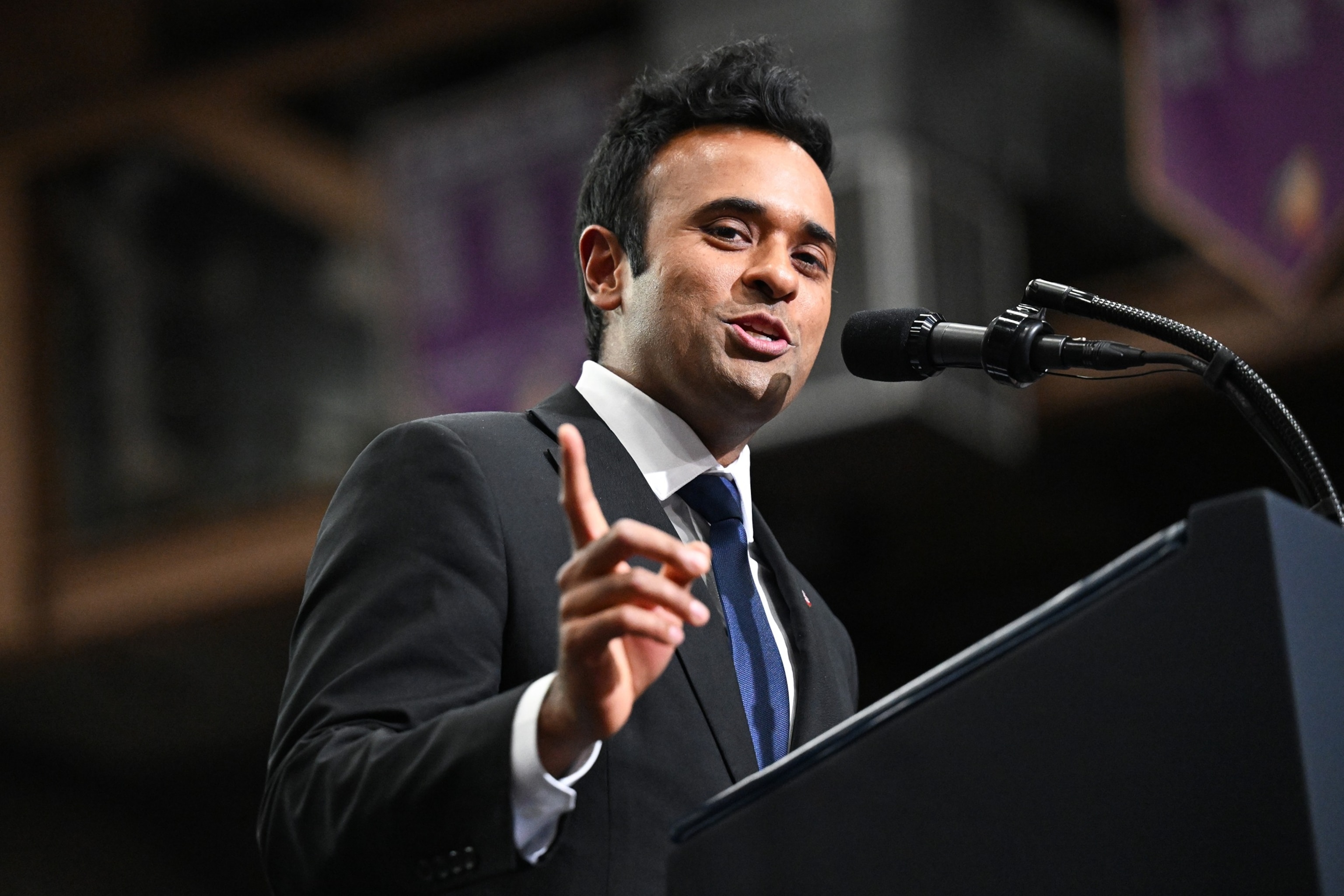 Ohio Republican gubernatorial candidate Vivek Ramaswamy speaks as President Donald Trump listens