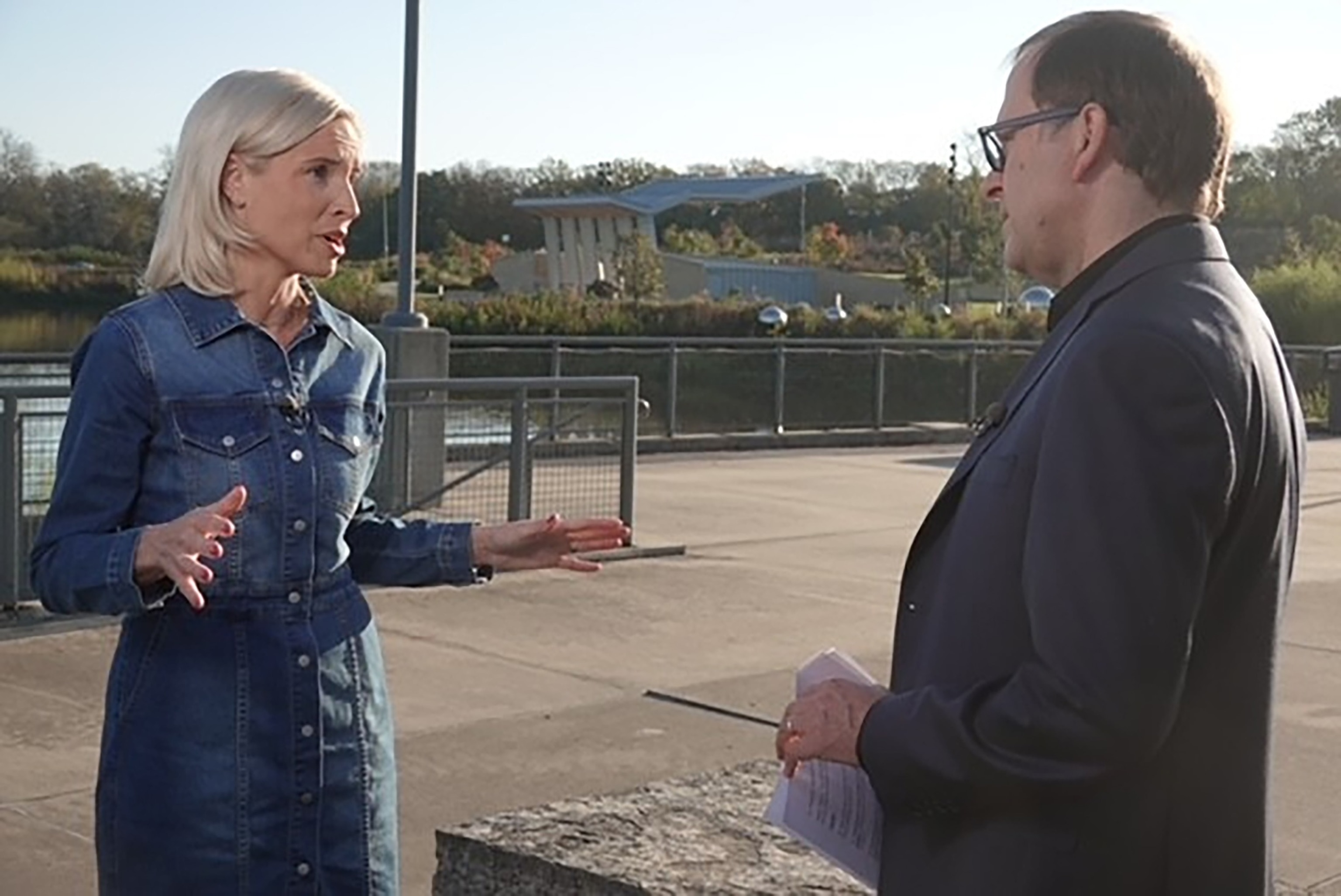 Iowa Republican Senate candidate Rep. Ashley Hinson speaks with Jonathan Karl of