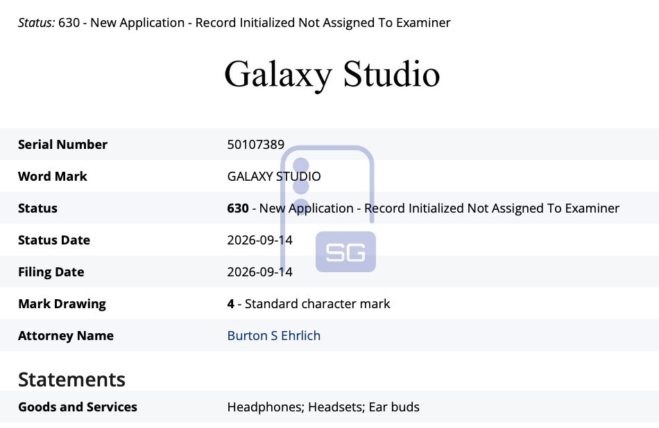 A screenshot of Galaxy Studio trademark application