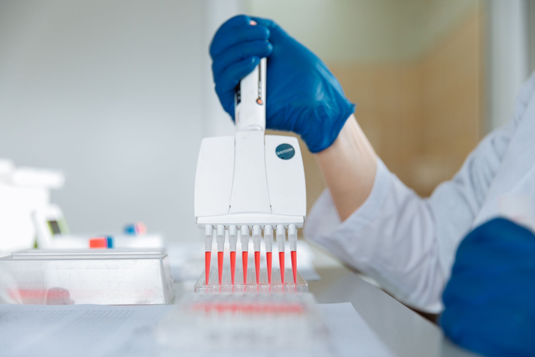 Close-up of a lab technician using a multichannel pipette for testing in