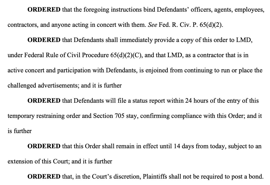 ORDERED that the foregoing instructions bind Defendants' officers, agents, employees, contractors, and anyone acting in concert with them. See Fed. R. Civ. P. 65(d)(2). ORDERED that Defendants shall i