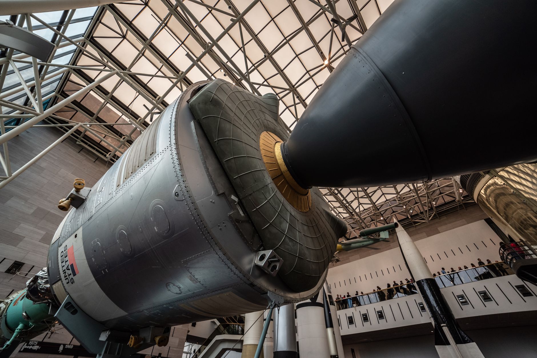 Close-up view of a spacecraft on display at the National Air and